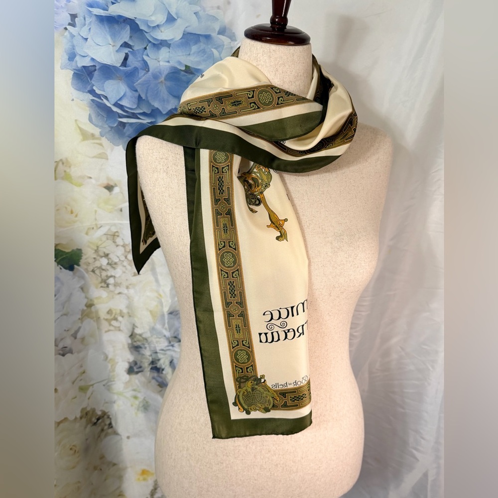 Irish Cream and Green Scarf Celtic design Birds Fish